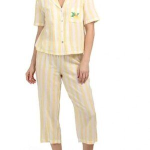 NWT CYNTHIA ROWLEY 2pc Cabana Cotton Stripe Lemon Notch Collar Pajama Capris Set